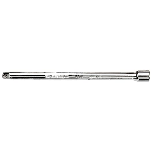 Facom R_215 polished chrome extension bar, photography, straight side view on white background.