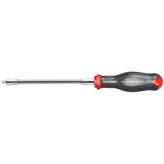 Facom R_222C flexible shaft screwdriver with black and red ergonomic handle, side view on white background.