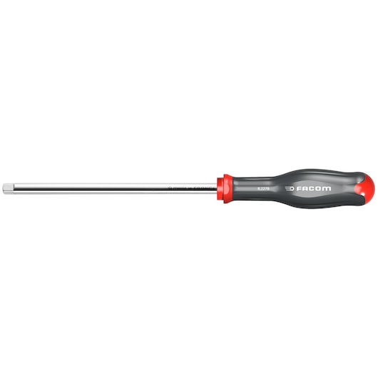 Photo of Facom R_227B hex screwdriver with long chrome shaft and black and red ergonomic handle, side view.
