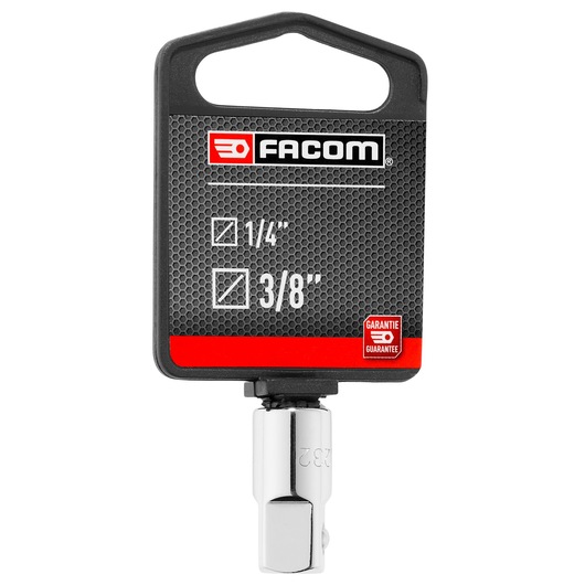 Facom R_232PB socket adapter, chrome finish, 1/4 inch to 3/8 inch drive, front view on white background.
