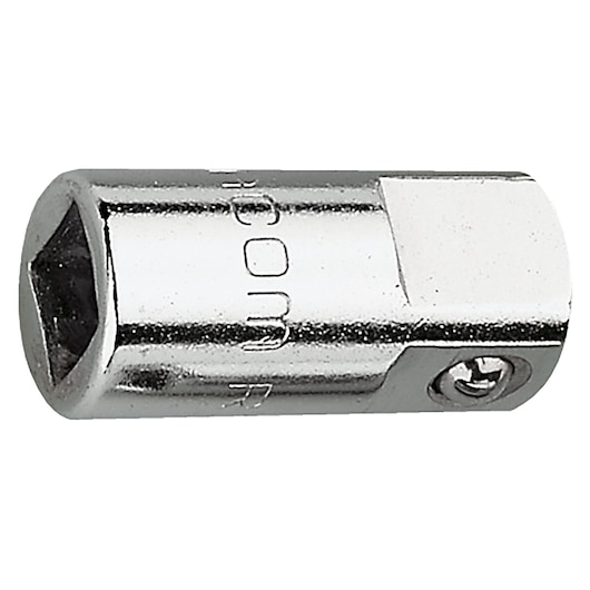 Facom R_232 chrome socket adapter, photography, side angle on white background.