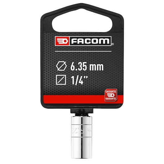 Facom SOCKET_BIT_HOLDER_1/4 chrome socket bit holder 6.35 mm, front view on white background.