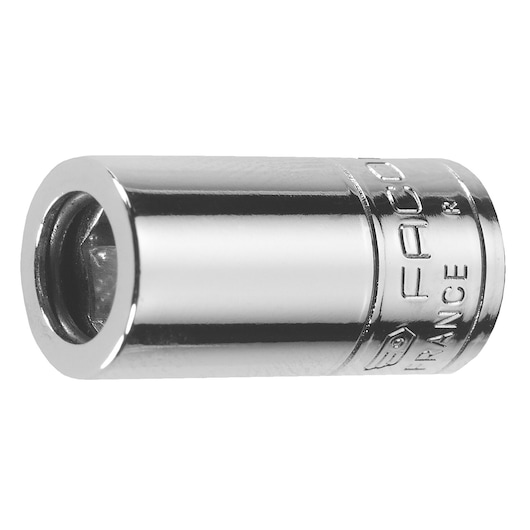 Facom R_235 chrome socket, cylindrical shape, embossed branding, front angle, white background.