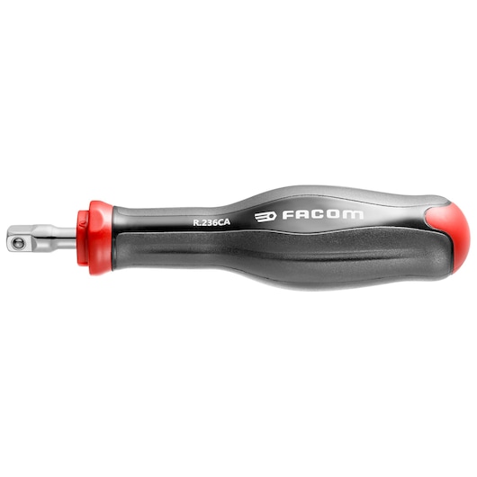 Facom R_236CA black and red socket wrench handle, side view, grey metal adapter, white background.