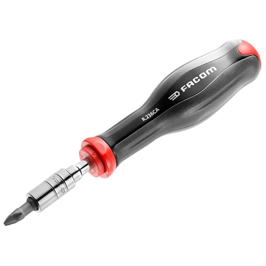 Photo of Facom R_236CA black and red ratcheting screwdriver with ergonomic handle, side angle on white background.