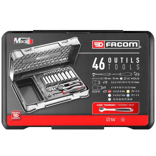 Facom R_2BLPB tool set case, black and red, 46-piece socket and bit set, shown from front on white background.