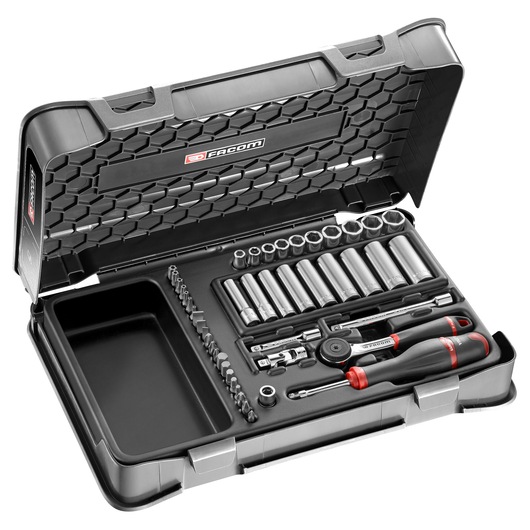 Facom R_2BL socket and screwdriver set in black case, top angle, organized metal bits and tools.