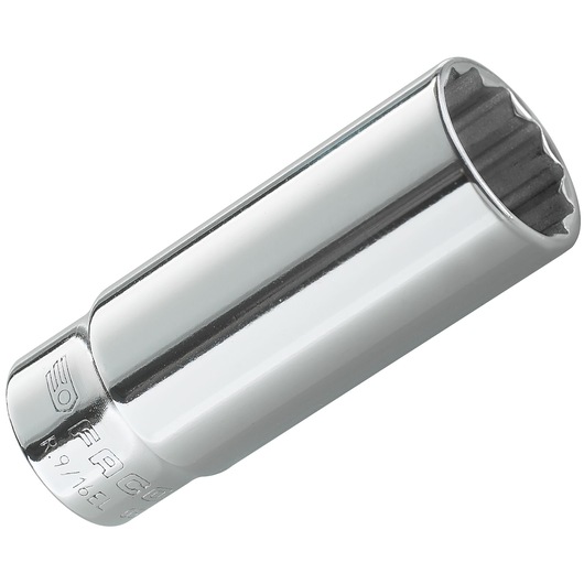 Facom R.3/16EL polished chrome deep socket, shown at an angle on white background.