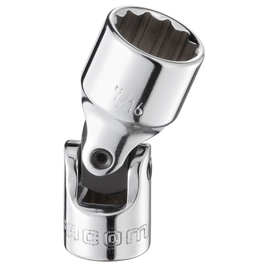 Facom R.3/16F chrome universal joint socket, side angle, photography of tool with 7/16 marking.