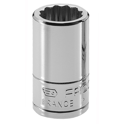 Facom R.3/8E chrome socket, 12-point, side view on white background.