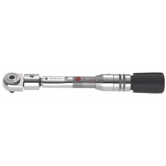 Facom R301A torque wrench, silver and black, photography of side view on white background.