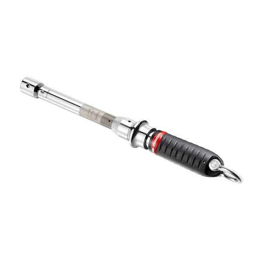 Facom R_306-25DSLS torque wrench with black textured handle, metal shaft, and hanging ring, angled on white background.