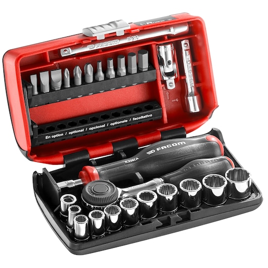 Facom R_360NANO-U112 compact red and black socket and bit set, open case showing ratchet, bits, and sockets.