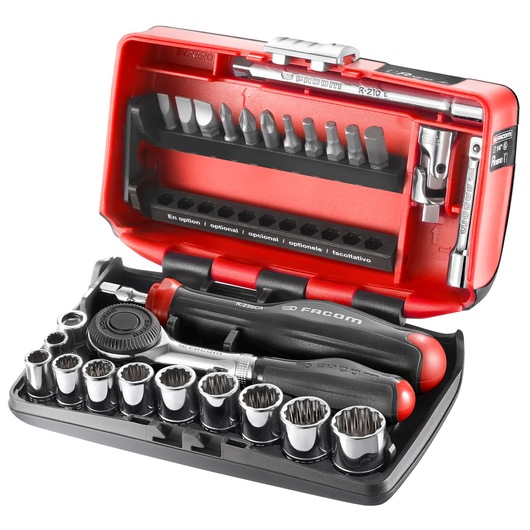Facom R_360NANO-U112 compact ratchet and socket set in a red and black hard case, with various bits and sockets organized neatly. Ideal for precision work, photography setups, or maintenance tasks.