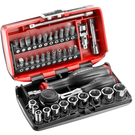 Facom R.360NANOPB compact socket and bit set with black and red case, sockets, screwdriver handle, and bits, top angle.