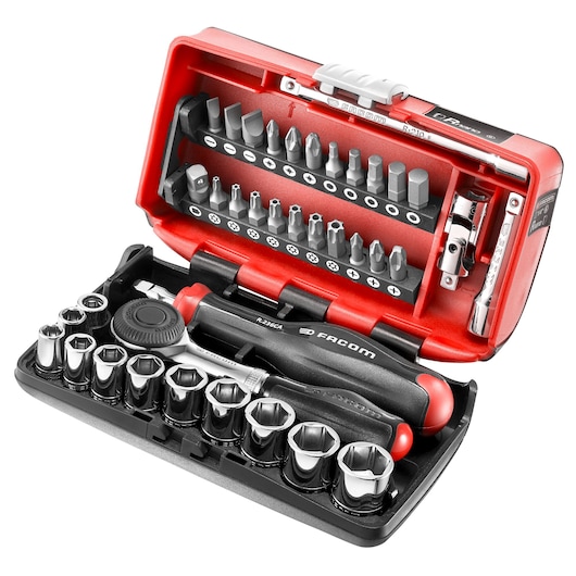Facom R.360NANOPB socket and bit set in red case, open angle, with ratchet and screwdrivers.