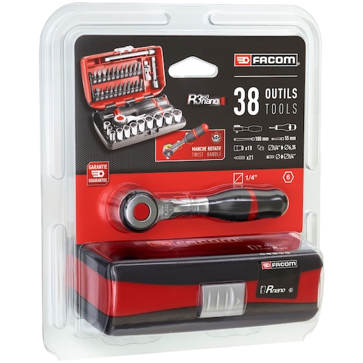 Facom R.360NANOPB twist handle ratchet and socket set with 38 tools, packaged in a clear plastic box. The image shows the red and black tool case and the ratchet inside, along with a visual guide to the included tools and sockets.