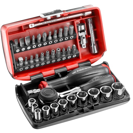 Facom R_360NANO compact socket and bit set in a red and black case, photography from above on white background.
