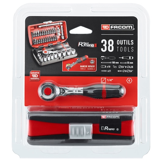 Facom R360 Nano set packaging displaying 38 tools, including a twist handle ratchet, sockets, and bits in a compact red and black case.