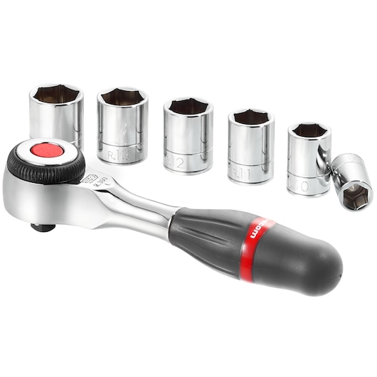 Facom R360PACKPG ratchet wrench with five chrome sockets, angled view on white background.