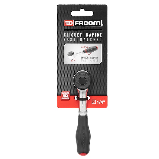 Facom R_360PB fast ratchet with black and red twist handle, 1/4 inch drive, in retail packaging, front view.