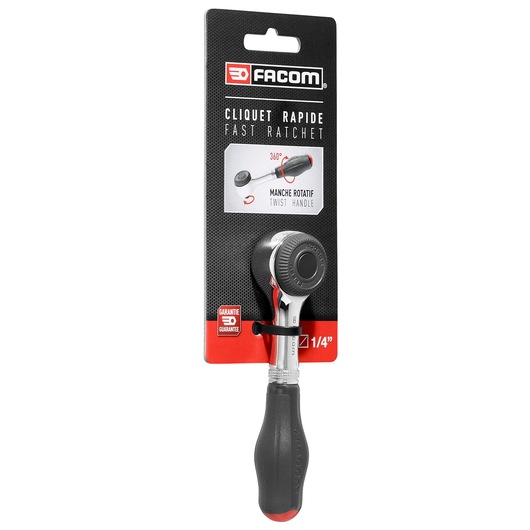 Facom R_360PB fast ratchet with twist handle in retail packaging, photographed on white background.
