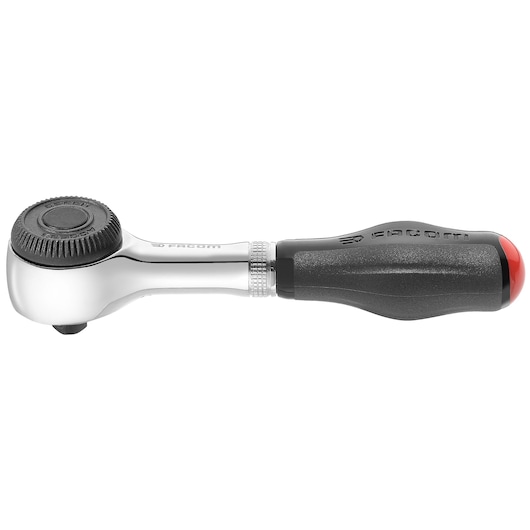 Facom R_360 ratchet wrench with black handle, side view, silver head and red end cap, white background