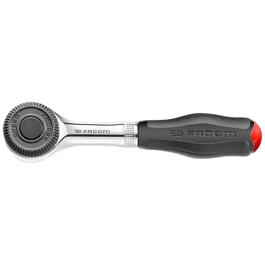 Facom R_360 ratchet with black and red ergonomic handle, side angle, photography product.