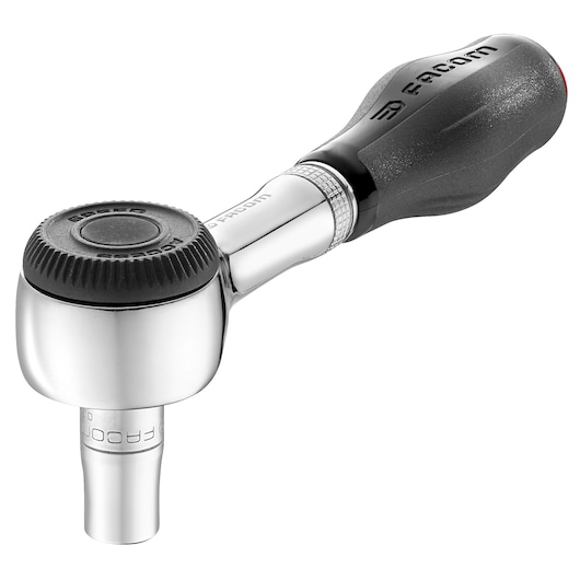 Facom R_360 ratchet wrench with black ergonomic handle, side angle, silver and black finish.