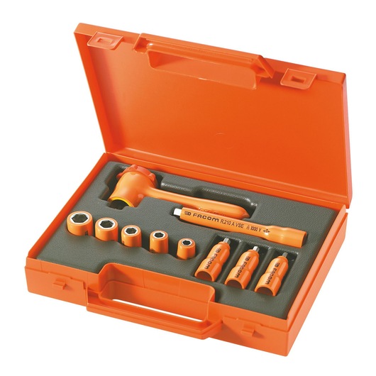Facom R_400AVSE insulated socket set in orange case, photo at an angle, eight pieces visible.
