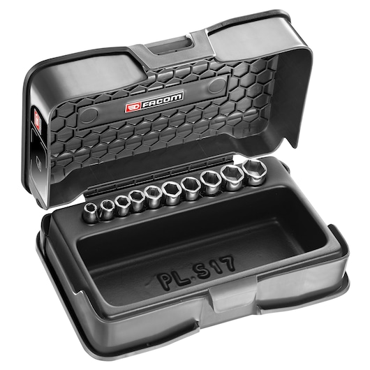 Open black plastic case with hexagonal pattern on the lid, containing a set of metal sockets arranged in a row. The case is labeled with 'PL.S17' inside.