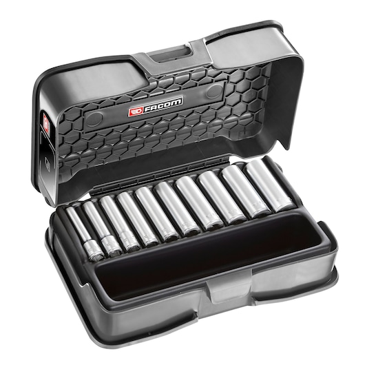 Facom R_405 socket set in black case, photo shows silver sockets neatly arranged, case open, white background