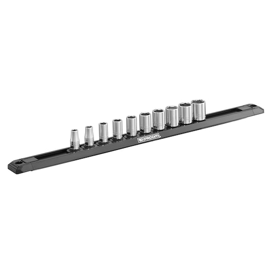 Facom R.40EGRPPB socket set with ten chrome sockets on black rail, angled view, white background.