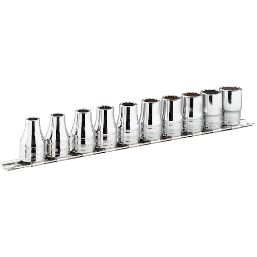 Facom R_40E chrome socket set arranged on a metal rail, side angle on white background.