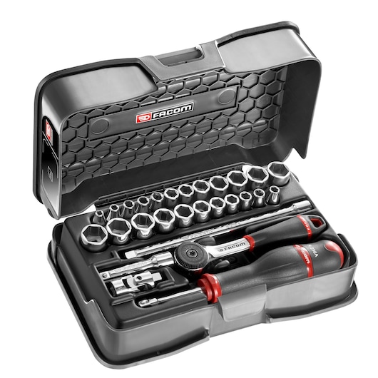 Facom R_420AMU socket and ratchet set in a black case, top view on white background.