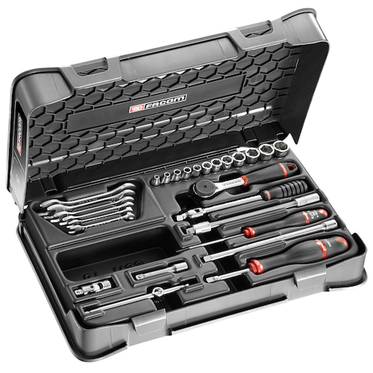 Facom R_430BP socket and wrench set in black hard case, showing ratchets, screwdrivers, and accessories, top view.