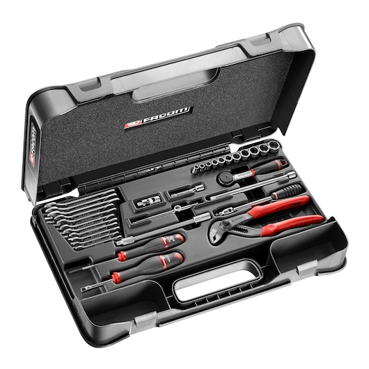 Facom R_440AEP tool set in black case, featuring pliers, screwdrivers, wrenches and sockets, angled view.