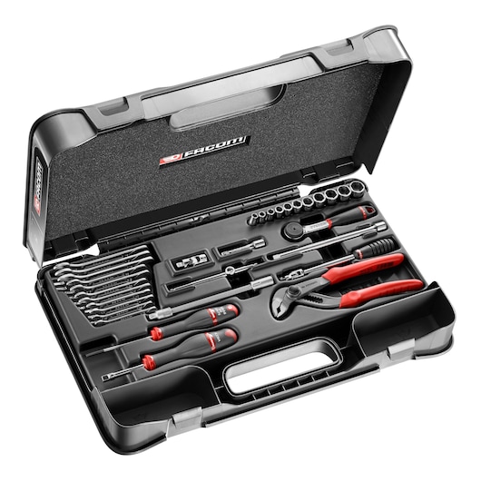 Facom R_440AUP tool set in black and red hard case, assortment of hand tools, top view.
