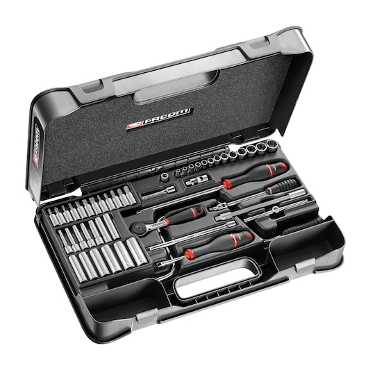 Facom R_450BP hand tool set in black hard case, includes sockets, bits, ratchets, and screwdrivers, top view.