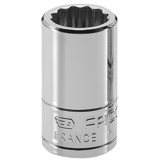 Facom chrome socket, 12-point design, upright angle, SKU R_5_5E, photography on white background.