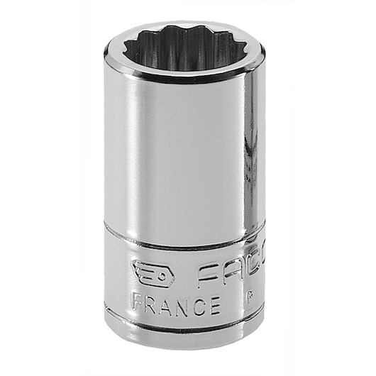Facom R.7/16E chrome socket, twelve-point, photography, front angle on white background.