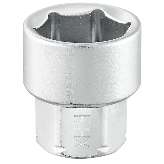 Facom R_7HX socket, chrome finish, hexagonal design, photography of single socket, front angle, white background.