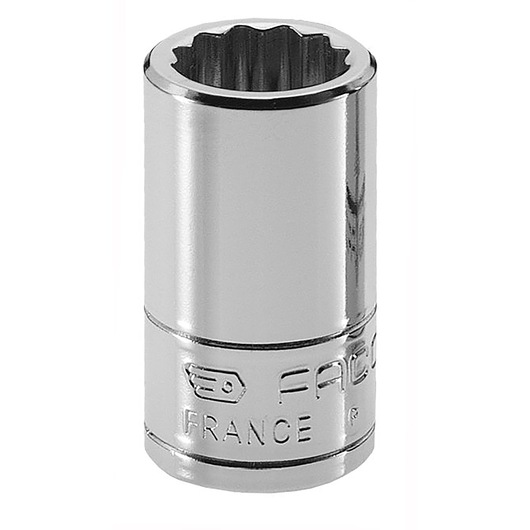 Facom R_8E chrome socket, viewed from front, showing 12-point interior and engraved branding.