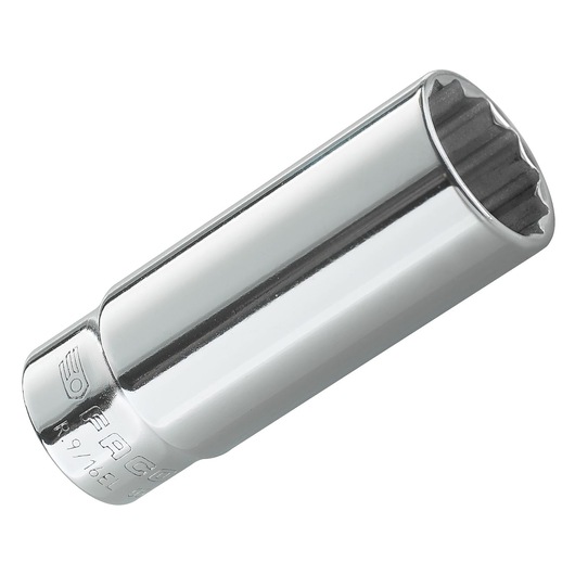 Facom R.9/16EL chrome deep socket photography, angled view on white background.
