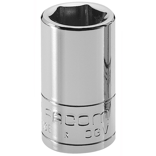 Facom R.9/32 chrome socket tool, hexagonal, product photography, front angle on white background.
