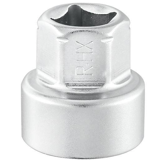 Photo of Facom R_9HX socket, chrome finish, hexagonal design, front angle on white background.