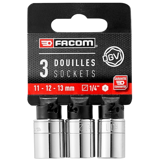 Photo of Facom R.LPB socket set, 3 chrome sockets sized 11, 12, 13 mm, front view on white background.