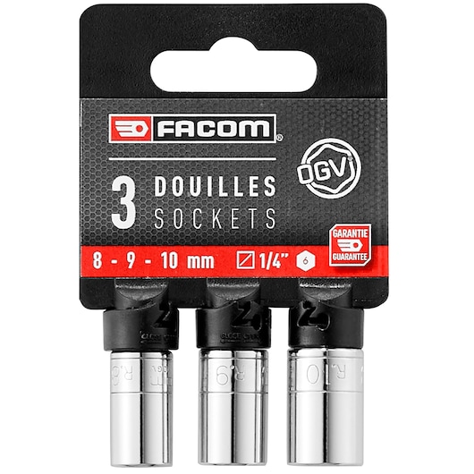 Photo of Facom R.MPB 3-piece socket set, 8, 9, 10 mm, chrome finish, front view on white background.