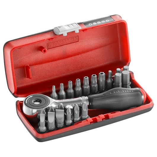 Facom R.PE360J22PB ratchet screwdriver and bit set in open red and black case, photographed at angle on white.
