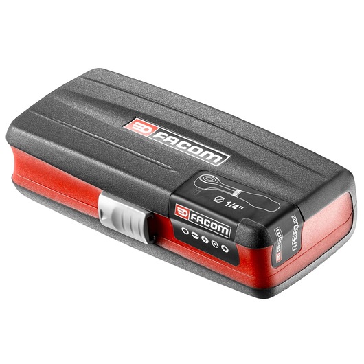 Facom R.PE360J22PB tool set case, black and red hard plastic, angled view on white background.